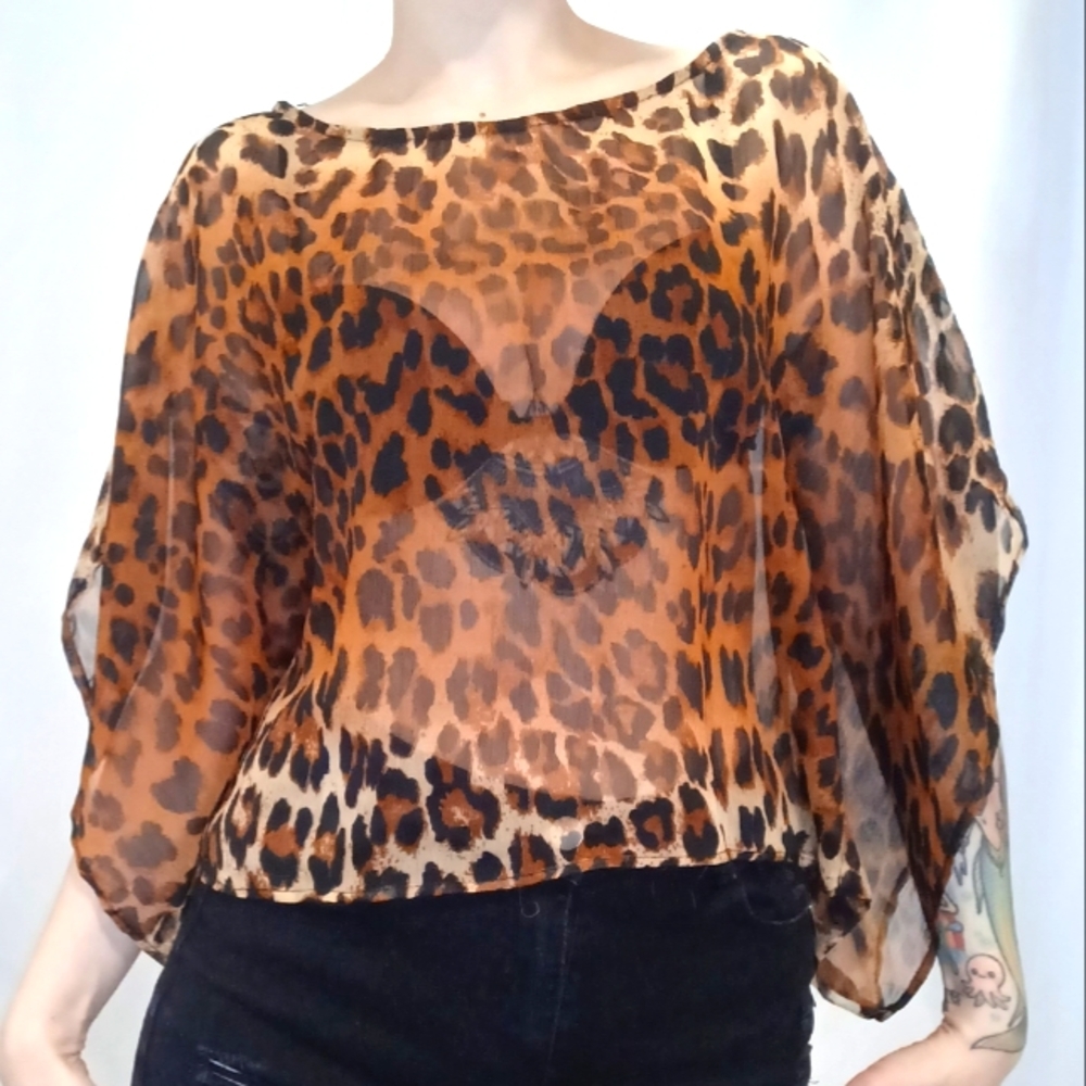 Brown & Black Sheer Leopard Print Blouse.